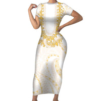 Aloha Lei Onaona Family Matching Short Sleeve Bodycon Dress and Hawaiian Shirt Beige Hawaiian Tribal Pattern LT9 Mom's Dress Beige - Polynesian Pride