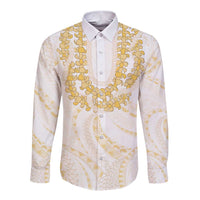 Aloha Lei Onaona Long Sleeve Button Shirt Beige Hawaiian Tribal Pattern