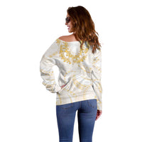 Aloha Lei Onaona Off Shoulder Sweater Beige Hawaiian Tribal Pattern