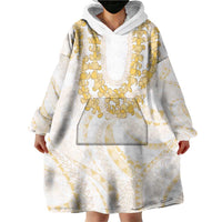 Aloha Lei Onaona Wearable Blanket Hoodie Beige Hawaiian Tribal Pattern