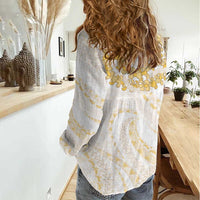 Aloha Lei Onaona Women Casual Shirt Beige Hawaiian Tribal Pattern