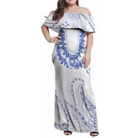 Aloha Lei Onaona Family Matching Off Shoulder Maxi Dress and Hawaiian Shirt Navy Blue Hawaiian Tribal Pattern LT9 Mom's Dress Blue - Polynesian Pride
