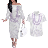 Aloha Lei Onaona Couples Matching Off The Shoulder Long Sleeve Dress and Hawaiian Shirt Purple Hawaiian Tribal Pattern LT9 Purple - Polynesian Pride