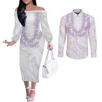 Aloha Lei Onaona Couples Matching Off The Shoulder Long Sleeve Dress and Long Sleeve Button Shirt Purple Hawaiian Tribal Pattern