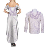 Aloha Lei Onaona Couples Matching Summer Maxi Dress and Long Sleeve Button Shirt Purple Hawaiian Tribal Pattern
