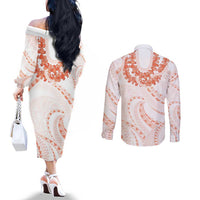 Aloha Lei Onaona Couples Matching Off The Shoulder Long Sleeve Dress and Long Sleeve Button Shirt Red Hawaiian Tribal Pattern