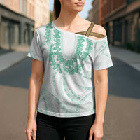 Aloha Lei Onaona Cross Shoulder Shirt Sage Green Hawaiian Tribal Pattern - Polynesian Pride