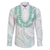 Aloha Lei Onaona Family Matching Off The Shoulder Long Sleeve Dress and Hawaiian Shirt Sage Green Hawaiian Tribal Pattern LT9 Dad's Shirt - Long Sleeve Green - Polynesian Pride
