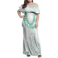 Aloha Lei Onaona Family Matching Off Shoulder Maxi Dress and Hawaiian Shirt Sage Green Hawaiian Tribal Pattern LT9 Mom's Dress Green - Polynesian Pride