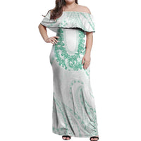 Aloha Lei Onaona Off Shoulder Maxi Dress Sage Green Hawaiian Tribal Pattern
