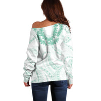 Aloha Lei Onaona Off Shoulder Sweater Sage Green Hawaiian Tribal Pattern