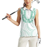 Aloha Lei Onaona Women Sleeveless Polo Shirt Sage Green Hawaiian Tribal Pattern