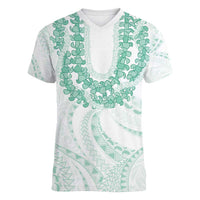 Aloha Lei Onaona Women V-Neck T-Shirt Sage Green Hawaiian Tribal Pattern