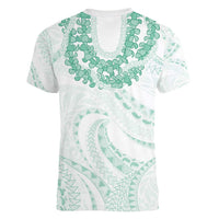 Aloha Lei Onaona Women V-Neck T-Shirt Sage Green Hawaiian Tribal Pattern