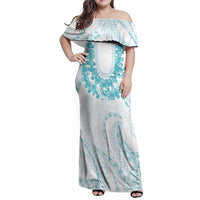 Aloha Lei Onaona Family Matching Off Shoulder Maxi Dress and Hawaiian Shirt Teal Hawaiian Tribal Pattern LT9 Mom's Dress Teal - Polynesian Pride