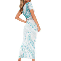 Aloha Lei Onaona Family Matching Short Sleeve Bodycon Dress and Hawaiian Shirt Teal Hawaiian Tribal Pattern LT9 - Polynesian Pride