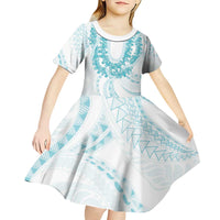 Aloha Lei Onaona Kid Short Sleeve Dress Teal Hawaiian Tribal Pattern