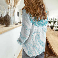Aloha Lei Onaona Women Casual Shirt Teal Hawaiian Tribal Pattern