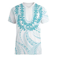 Aloha Lei Onaona Women V-Neck T-Shirt Teal Hawaiian Tribal Pattern