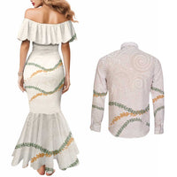 Aloha Lei Mikioi Couples Matching Mermaid Dress and Long Sleeve Button Shirt Beige Polynesian Tribal Tatau Pattern