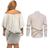 Aloha Lei Mikioi Couples Matching Off Shoulder Short Dress and Long Sleeve Button Shirt Beige Polynesian Tribal Tatau Pattern