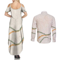 Aloha Lei Mikioi Couples Matching Summer Maxi Dress and Long Sleeve Button Shirt Beige Polynesian Tribal Tatau Pattern