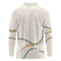 Aloha Lei Mikioi Long Sleeve Polo Shirt Beige Polynesian Tribal Tatau Pattern