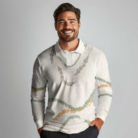 Aloha Lei Mikioi Long Sleeve Polo Shirt Beige Polynesian Tribal Tatau Pattern