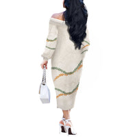 Aloha Lei Mikioi Off The Shoulder Long Sleeve Dress Beige Polynesian Tribal Tatau Pattern
