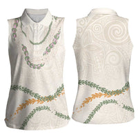 Aloha Lei Mikioi Women Sleeveless Polo Shirt Beige Polynesian Tribal Tatau Pattern