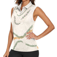Aloha Lei Mikioi Women Sleeveless Polo Shirt Beige Polynesian Tribal Tatau Pattern