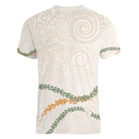 Aloha Lei Mikioi Women V-Neck T-Shirt Beige Polynesian Tribal Tatau Pattern