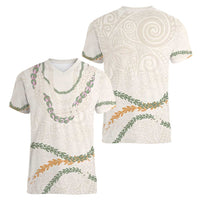 Aloha Lei Mikioi Women V-Neck T-Shirt Beige Polynesian Tribal Tatau Pattern