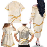 Aloha Lei Mikioi Family Matching Off The Shoulder Long Sleeve Dress and Hawaiian Shirt Gold Polynesian Tribal Tatau Pattern LT9 - Polynesian Pride
