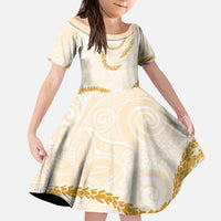 Aloha Lei Mikioi Kid Short Sleeve Dress Gold Polynesian Tribal Tatau Pattern