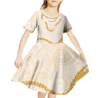 Aloha Lei Mikioi Kid Short Sleeve Dress Gold Polynesian Tribal Tatau Pattern