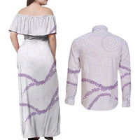 Aloha Lei Mikioi Couples Matching Off Shoulder Maxi Dress and Long Sleeve Button Shirt Purple Polynesian Tribal Tatau Pattern