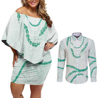 Aloha Lei Mikioi Couples Matching Off Shoulder Short Dress and Long Sleeve Button Shirt Sage Green Polynesian Tribal Tatau Pattern