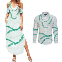Aloha Lei Mikioi Couples Matching Summer Maxi Dress and Long Sleeve Button Shirt Sage Green Polynesian Tribal Tatau Pattern