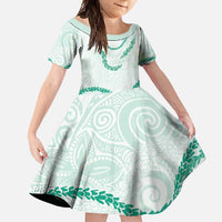 Aloha Lei Mikioi Family Matching Off Shoulder Maxi Dress and Hawaiian Shirt Sage Green Polynesian Tribal Tatau Pattern LT9 Daughter's Dress Green - Polynesian Pride