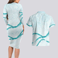 Aloha Lei Mikioi Couples Matching Long Sleeve Bodycon Dress and Hawaiian Shirt Teal Polynesian Tribal Tatau Pattern
