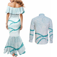 Aloha Lei Mikioi Couples Matching Mermaid Dress and Long Sleeve Button Shirt Teal Polynesian Tribal Tatau Pattern