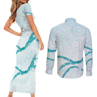 Aloha Lei Mikioi Couples Matching Short Sleeve Bodycon Dress and Long Sleeve Button Shirt Teal Polynesian Tribal Tatau Pattern
