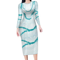 Aloha Lei Mikioi Family Matching Long Sleeve Bodycon Dress and Hawaiian Shirt Teal Polynesian Tribal Tatau Pattern LT9 Mom's Dress Teal - Polynesian Pride