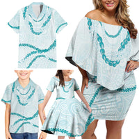 Aloha Lei Mikioi Family Matching Off Shoulder Short Dress and Hawaiian Shirt Teal Polynesian Tribal Tatau Pattern LT9 - Polynesian Pride
