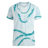 Aloha Lei Mikioi Women V-Neck T-Shirt Teal Polynesian Tribal Tatau Pattern