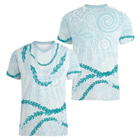Aloha Lei Mikioi Women V-Neck T-Shirt Teal Polynesian Tribal Tatau Pattern