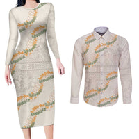 Aloha Pakalana and Puakenikeni Lei Couples Matching Long Sleeve Bodycon Dress and Long Sleeve Button Shirt Beige Hawaiian Pattern LT9 Beige - Polynesian Pride