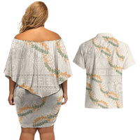 Aloha Pakalana and Puakenikeni Lei Couples Matching Off Shoulder Short Dress and Hawaiian Shirt Beige Hawaiian Pattern LT9 - Polynesian Pride