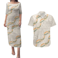 Aloha Pakalana and Puakenikeni Lei Couples Matching Puletasi and Hawaiian Shirt Beige Hawaiian Pattern LT9 Beige - Polynesian Pride